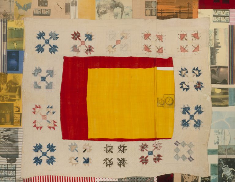 Mixed media artwork with red and yellow fabric and a quilt bordered by multicolored printed images