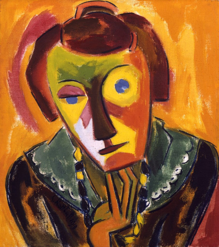 A painting of a woman with short hair against a bright orange background. Her face resembles a multicolored mask, and she is resting her chin on her hand. She is wearing a dark-colored shirt with a teal collar and a blue-and-yellow necklace.