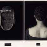 An image of two black-and-white, side-by-side photographs. The first photo shows the inside of an African mask, labeled with the word “inside.” The second photo shows the back of a woman’s head and upper back. It is labeled with the word “out.”