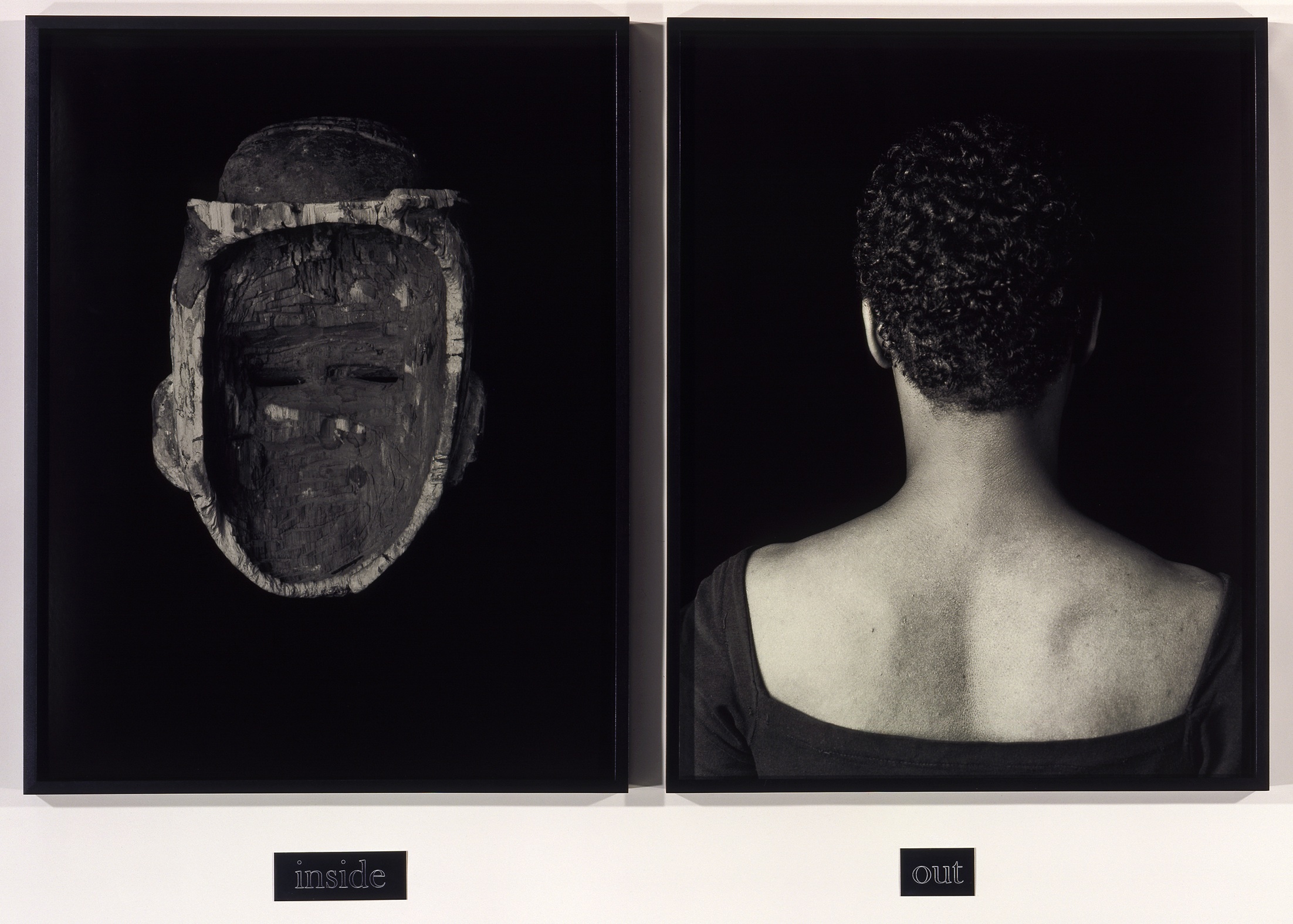 Simpson-Vantage-Point-2007_2-a-d.jpg An image of two black-and-white, side-by-side photographs. The first photo shows the inside of an African mask, labeled with the word “inside.” The second photo shows the back of a woman’s head and upper back. It is labeled with the word “out.”