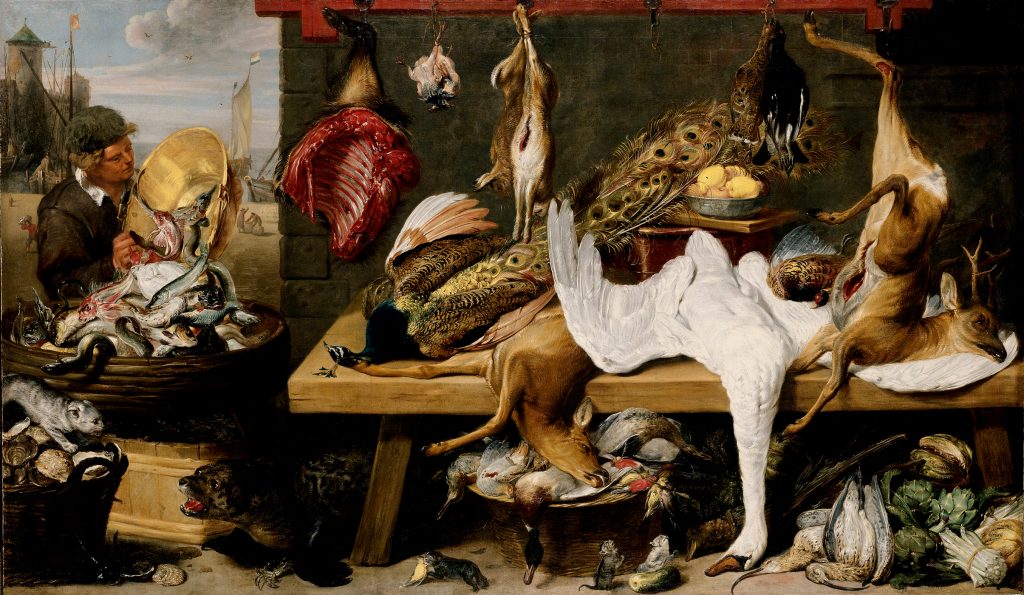 A painting of a vendor and his market stall along a harbor. The bodies of different animals are piled on a large table, and fish are displayed in a barrel. Ships with the flags of Spanish Flanders and the Netherlands are depicted in the background.