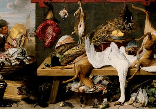 A painting of a vendor and his market stall along a harbor. The bodies of different animals are piled on a large table, and fish are displayed in a barrel. Ships with the flags of Spanish Flanders and the Netherlands are depicted in the background.