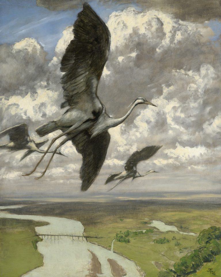 A painting of three storks flying above a German landscape. Puffy white and gray clouds fill the sky behind the birds. A river with a bridge across it is winding through the landscape below. The land on either side of the river is empty and mostly green. A thicket of green trees is depicted on the bottom right side of this scene.