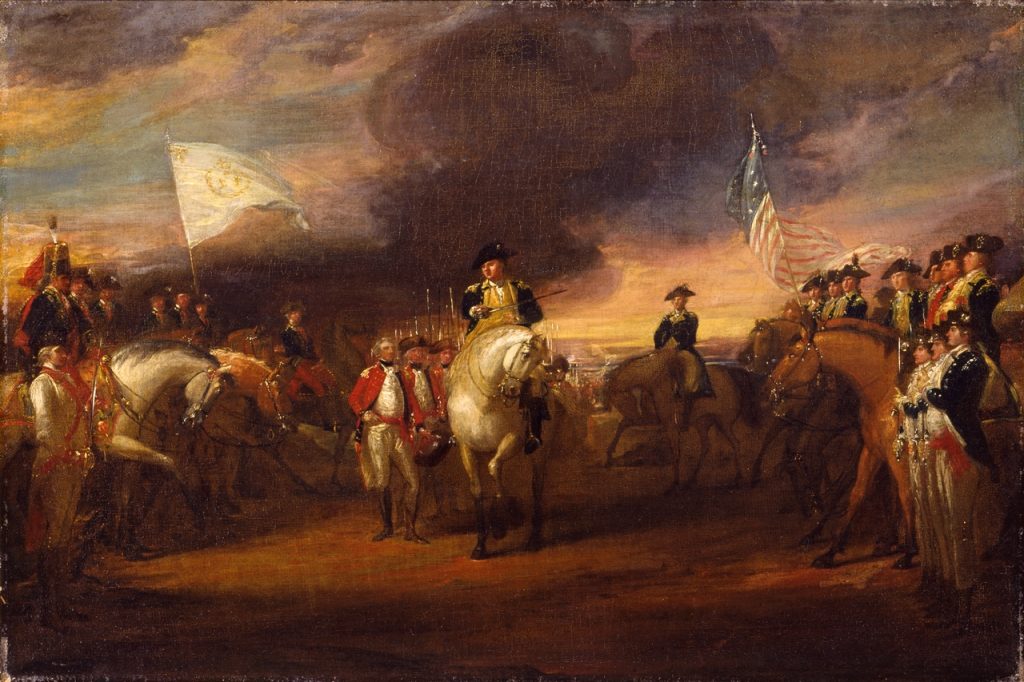 An oil painting of a military surrender scene. Lines of soldiers, some standing and others on horseback, are shown facing each other. Each side is holding a flag. A man on horseback is accepting a sword from one of the men on foot. In the background there are black clouds of smoke in the sky.