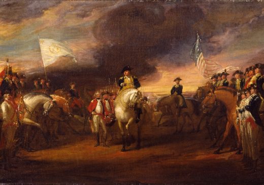 An oil painting of a military surrender scene. Lines of soldiers, some standing and others on horseback, are shown facing each other. Each side is holding a flag. A man on horseback is accepting a sword from one of the men on foot. In the background there are black clouds of smoke in the sky.