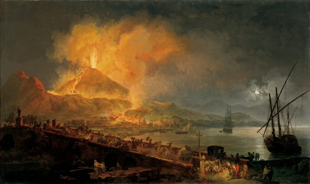 An oil painting of a night scene at the base of Mount Vesuvius. The volcano erupts in the background as lava flows into the town below. In the foreground, people are shown running across a bridge, away from the volcano. On the right side of the painting, the surface of the moonlit ocean is scattered with boats.