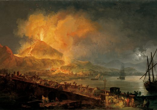 An oil painting of a night scene at the base of Mount Vesuvius. The volcano erupts in the background as lava flows into the town below. In the foreground, people are shown running across a bridge, away from the volcano. On the right side of the painting, the surface of the moonlit ocean is scattered with boats.