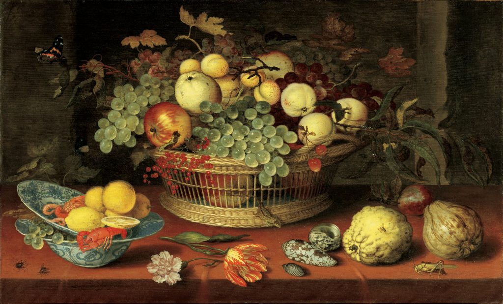 An oil painting of a basket of fruit on a brown wooden table, with insects crawling in and around the basket. A bowl of lemons and crustaceans is on the left side of the table, and scattered pieces of produce, bugs, and flowers are depicted in the foreground and on the right side of the table.