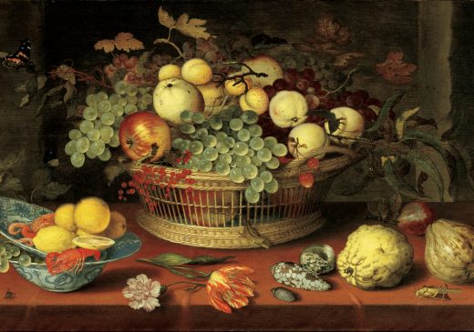 An oil painting of a basket of fruit on a brown wooden table, with insects crawling in and around the basket. A bowl of lemons and crustaceans is on the left side of the table, and scattered pieces of produce, bugs, and flowers are depicted in the foreground and on the right side of the table.