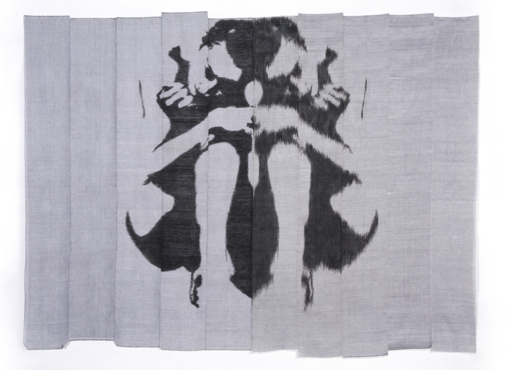 Body Blot #1 A piece of gray cloth with an almost symmetrical black inkblot design in the middle.