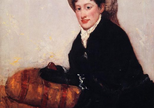 A painted portrait of a woman seated on a rust-colored, upholstered piece of furniture and wearing a dark-colored, high-necked dress. The woman is depicted holding opera glasses and wearing a feathered hat.
