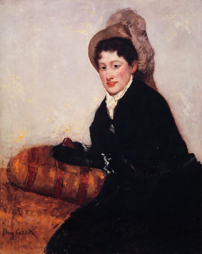 A painted portrait of a woman seated on a rust-colored, upholstered piece of furniture and wearing a dark-colored, high-necked dress. The woman is depicted holding opera glasses and wearing a feathered hat.