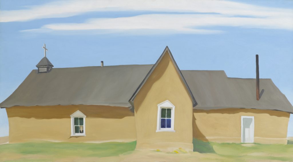 A horizontal oil painting of a tan church building with a gray roof. There is a small cross on the left side of the roof, and a light blue sky with white clouds above the church.