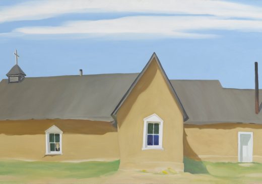 A horizontal oil painting of a tan church building with a gray roof. There is a small cross on the left side of the roof, and a light blue sky with white clouds above the church.