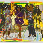 A colorful mixed-media painting of three Black women with rhinestone-embellished clothing and high-heeled shoes. The painting appears to be broken into many pieces, with layers of neon-colored shapes in the background.