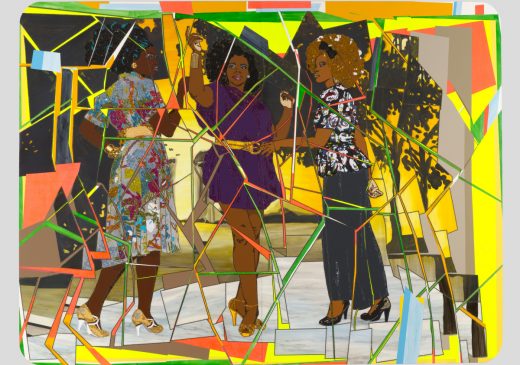 A colorful mixed-media painting of three Black women with rhinestone-embellished clothing and high-heeled shoes. The painting appears to be broken into many pieces, with layers of neon-colored shapes in the background.