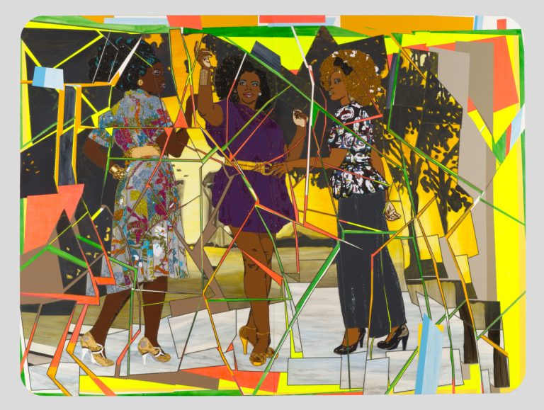 A colorful mixed-media painting of three Black women with rhinestone-embellished clothing and high-heeled shoes. The painting appears to be broken into many pieces, with layers of neon-colored shapes in the background.