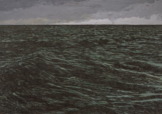 An image of green and black ocean waves beneath a gray, cloudy sky. The movement in the water is created with fishhooks.