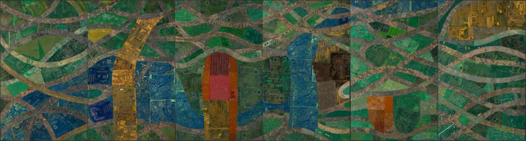 A wide, horizontal image of a six-panel work of art made up of green, blue, red, and yellow circuit boards formed into interconnecting organic shapes.
