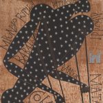 Pintura de una figura masculina con muletas, rodeada de perros y texto en español. La figura masculina está pintada en negro sólido y cubierta con un dibujo de pequeñas estrellas, sobre un fondo de color óxido.