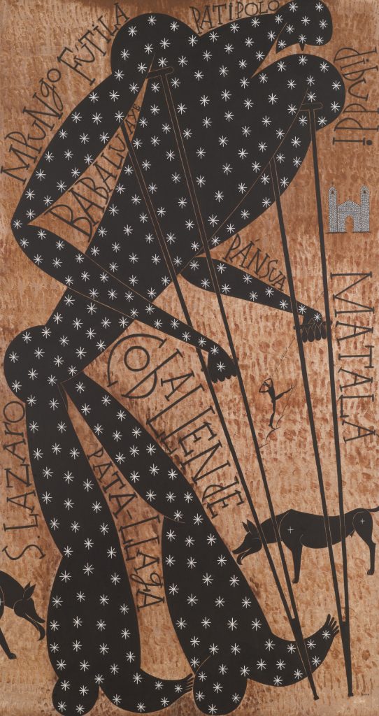 A painting of a male figure on crutches, surrounded by dogs and Spanish text. The male figure is painted solid black and covered with a pattern of small stars, set against a rust-colored background.