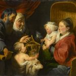 An oil painting of a group of five people gathered together. On the left is a woman wearing a white veil, standing beside a bearded man who is wearing a dark gray robe. To their right is a seated infant and with a lamb beside him. On the left side of the painting, a woman draped in red fabric is seated in a tall wicker chair. On her lap she holds an infant wearing white robes and a crown of flowers. In the center of the painting there is a gold birdcage with a bird flying out of it.