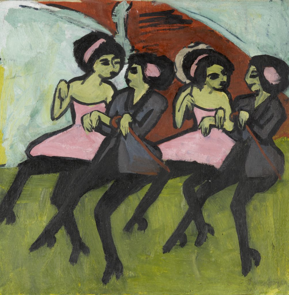 A painting of four female figures dancing together in pairs against a blue and red geometric background and a green floor. Each pair of dancers includes a woman dressed in a pink dress and headband and a woman dressed in black pants and a gray suit jacket, with a pink flower in her hair.