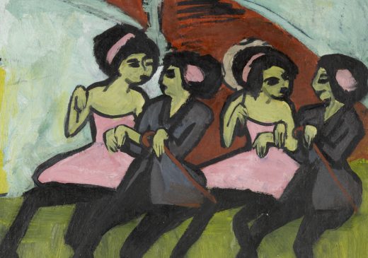 A painting of four female figures dancing together in pairs against a blue and red geometric background and a green floor. Each pair of dancers includes a woman dressed in a pink dress and headband and a woman dressed in black pants and a gray suit jacket, with a pink flower in her hair.