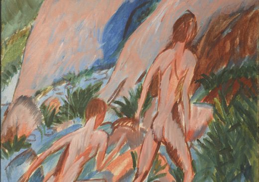 Una pintura de dos figuras desnudas representadas desde atrás. Una figura está de pie y la otra arrodillada. Están rodeados por un paisaje de rocas beige, agua azul y hierba verde.