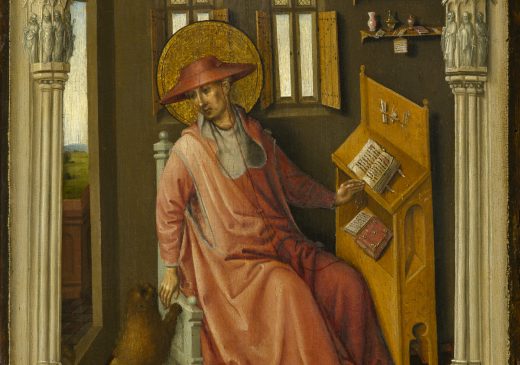 A painting of a man wearing a red robe and hat, seated in a wood-paneled study, holding a book. A brown, four-legged animal stands on its hind legs beside the man, on a checkerboard-patterned floor.