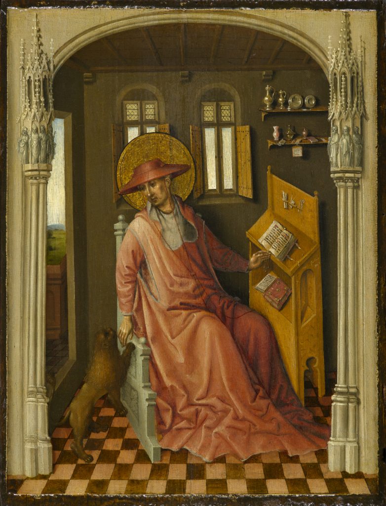 A painting of a man wearing a red robe and hat, seated in a wood-paneled study, holding a book. A brown, four-legged animal stands on its hind legs beside the man, on a checkerboard-patterned floor.