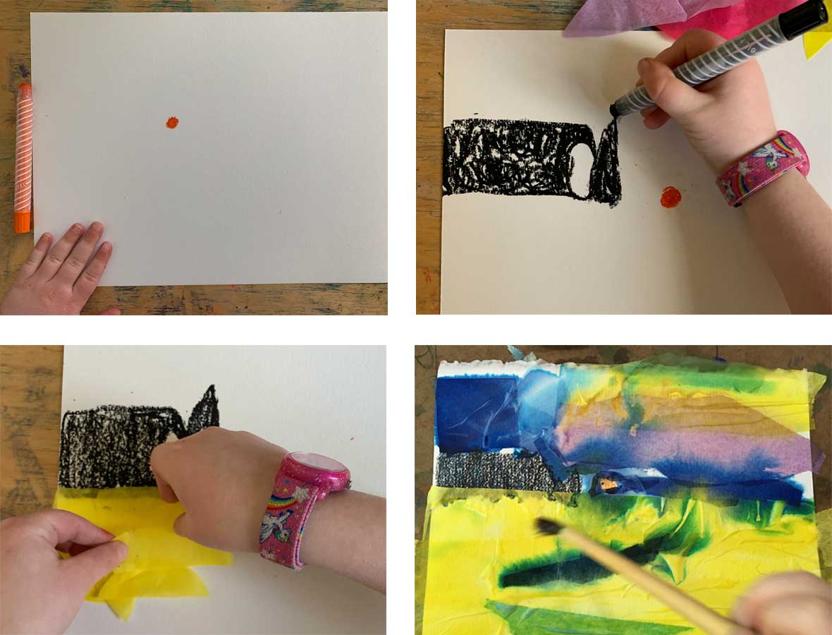 Demonstrating the processing of the Monet Inspired Sunset Collage Lesson Plan