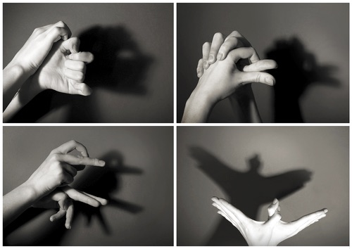 Collage of hands creating shadow art in black and white photographs
