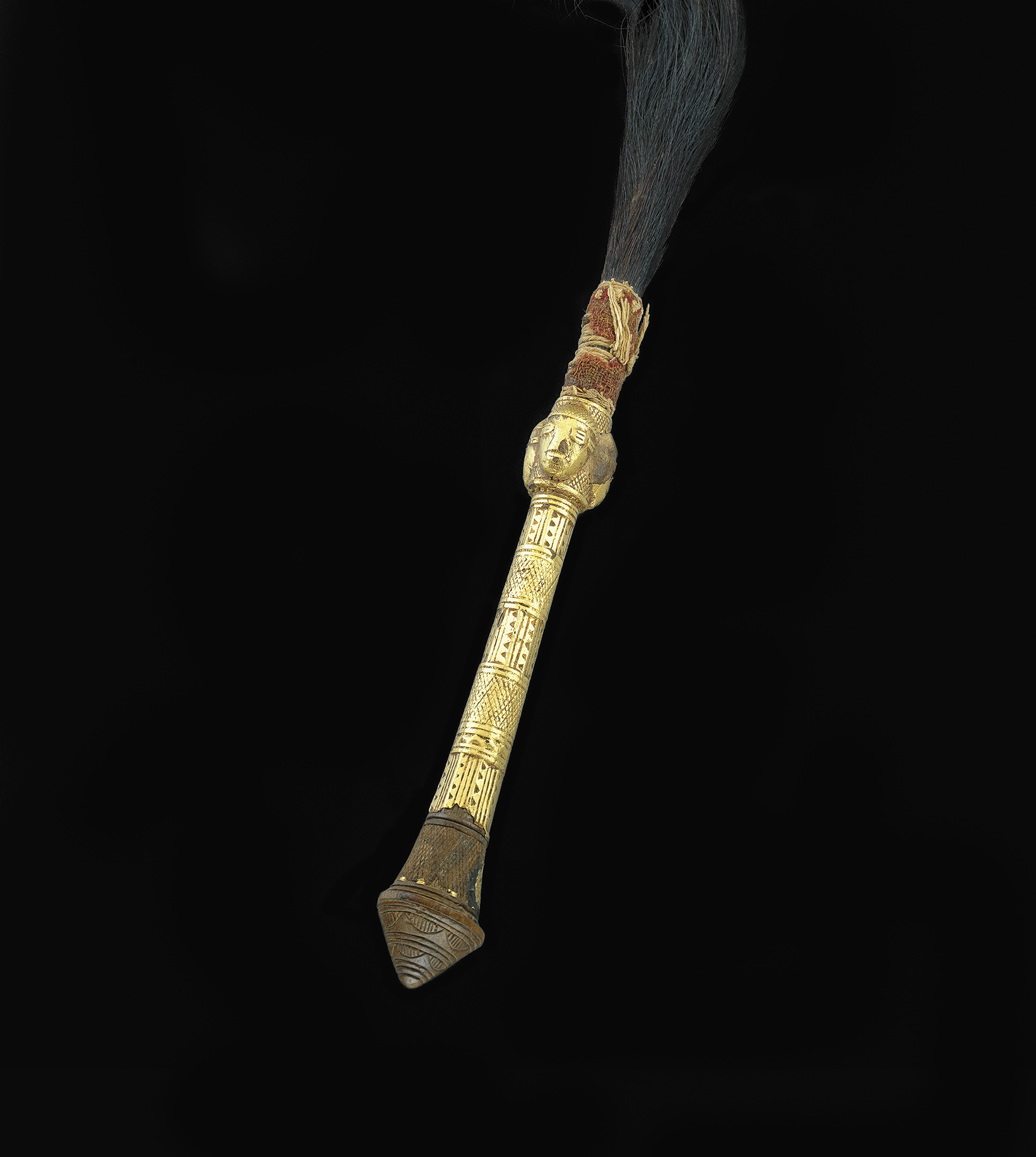 Flywhisk (Handle) wooden handle of a flywhisk covered in gold leaf with patterns