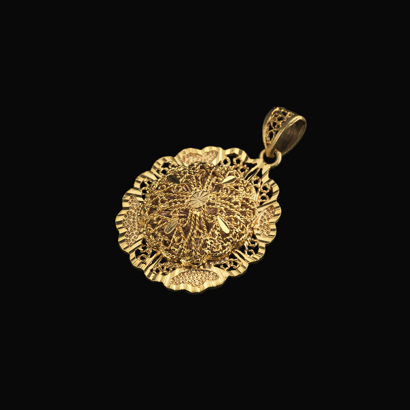 Necklace pendant with filigree overlay small pendant made of gold-plated copper with a light and lacy pattern on top