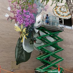 artist on a lift while painting a large scale floral mural