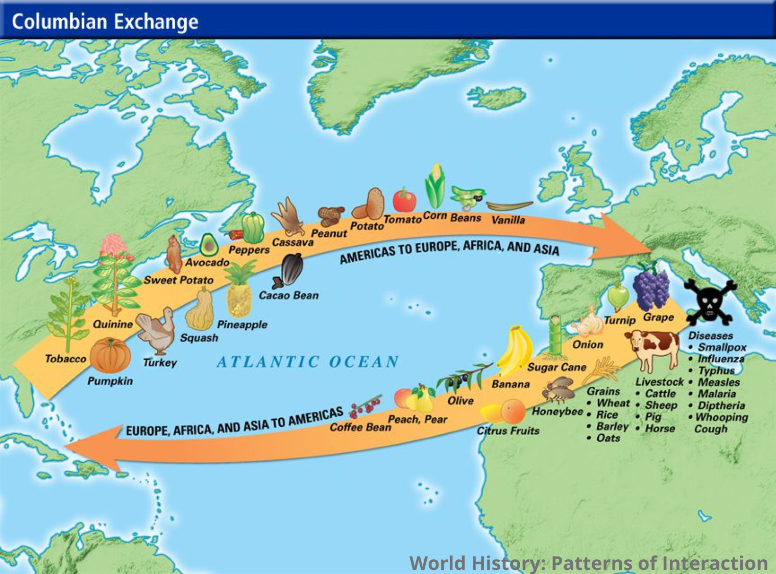 Map representing the Columbian Exchange across the Atlantic Ocean