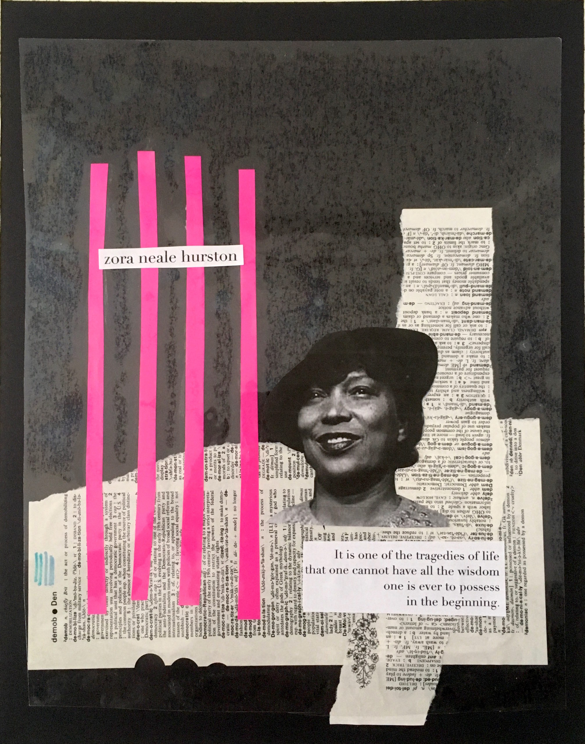 example of collage portrait showing Zora Neale Hurston's portrait over a collaged dictionary page