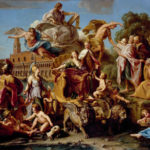 An oil painting depicting an outdoor scene in Venice, Italy. In the foreground a woman sits in a carriage that is being pulled by two winged lions. Above her are several figures that appear to be seated on a cloud. A man stands behind her and touches her shoulder. The woman and man are surrounded by figures wearing classical robes and armor. Several gondolas float on the canal in the background.