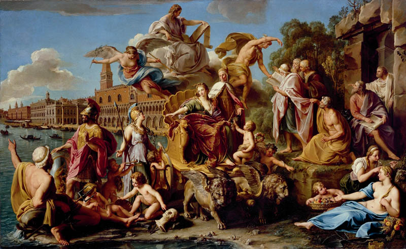 Mythological and historical figures come ashore on a chariot with winged lions in front of a Venetian landscape.