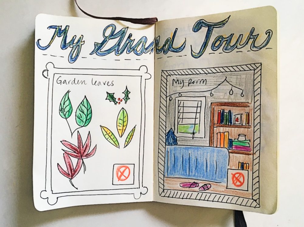 Pages of a journal with drawings of leaves and a bedroom in drawn frames. The title My Grand Tour is at the top of the pages.