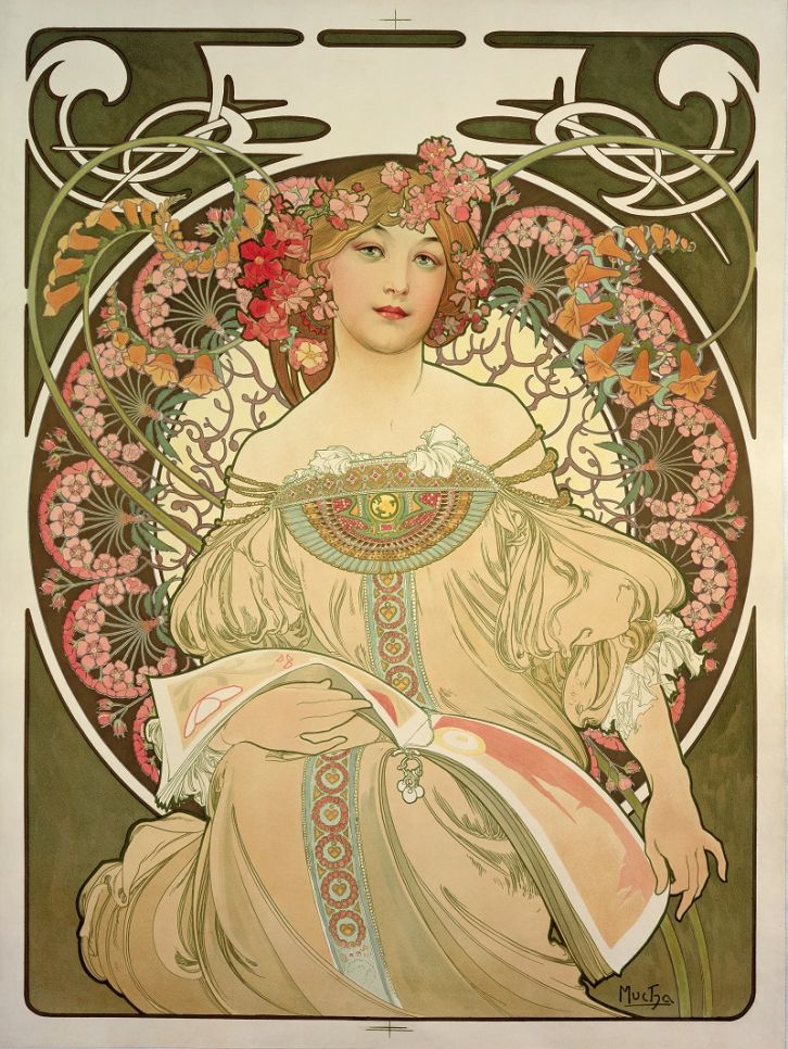 Un cartel de una mujer con una corona de flores y un vestido sin hombros