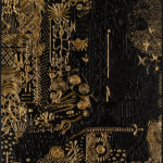 A mixed-media art piece using textured gold to create stars, swirls, and other images on a black background.