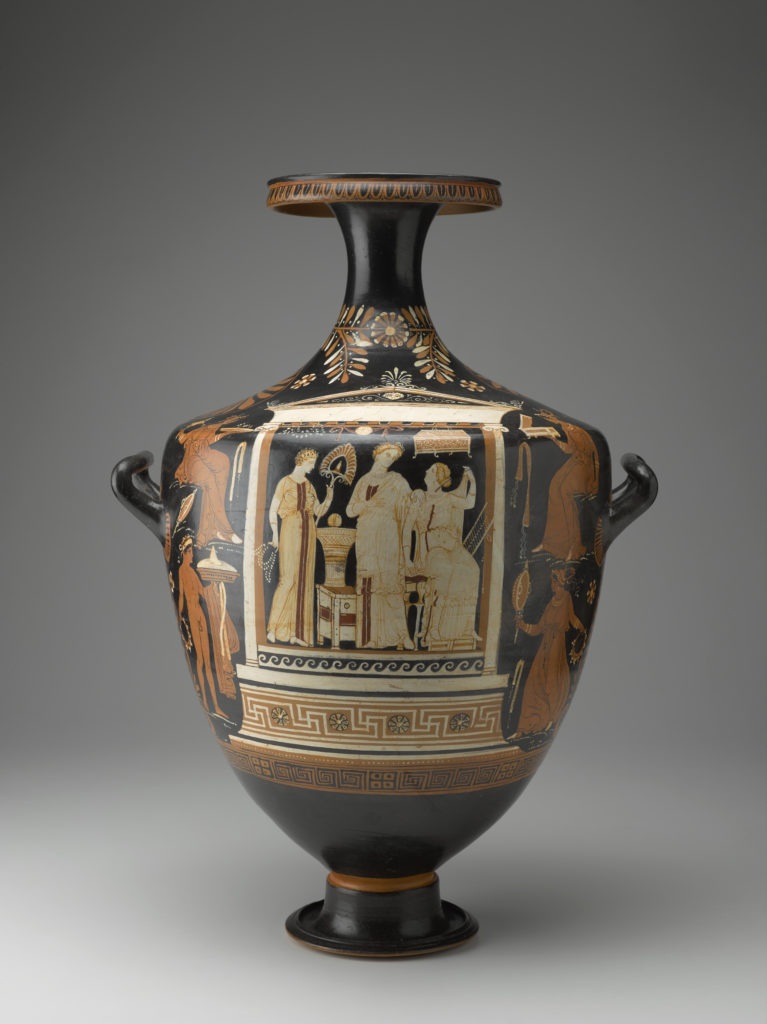 A black ceramic vase with a narrow neck, decorated with three female figures inside a temple building and four human figures on the sides.