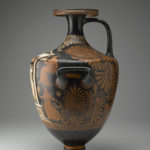 A black ceramic vase with a narrow neck, decorated with three female figures inside a temple building and four human figures on the sides. Side view.