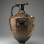 A black ceramic vase with a narrow neck, decorated with three female figures inside a temple building and four human figures on the sides. Side view.