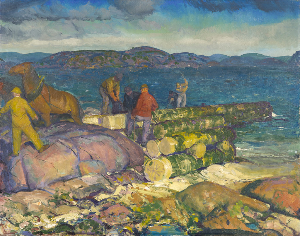 An oil painting of a group of men struggling to move logs into position while building a dock on a rocky shoreline. A man is directing work horses on the left side of the painting.
