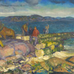 An oil painting of a group of men struggling to move logs into position while building a dock on a rocky shoreline. A man is directing work horses on the left side of the painting.