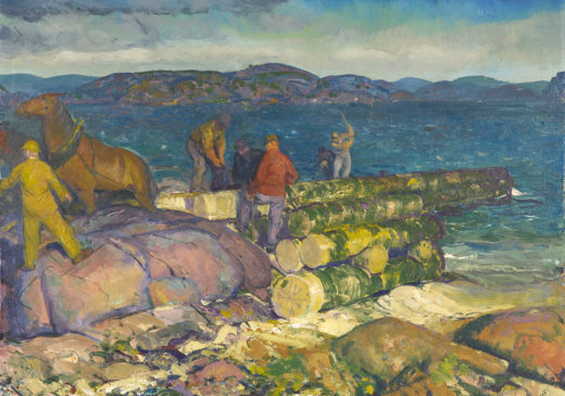 An oil painting of a group of men struggling to move logs into position while building a dock on a rocky shoreline. A man is directing work horses on the left side of the painting.