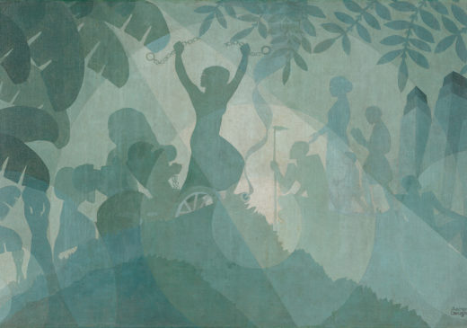 An oil painting in shades of green that features a silhouette of Harriet Tubman breaking her shackles in the center. To her left there are silhouettes of human figures in chains, kneeling, or carrying large loads. To her right there are silhouettes of human figures standing in front of city buildings.